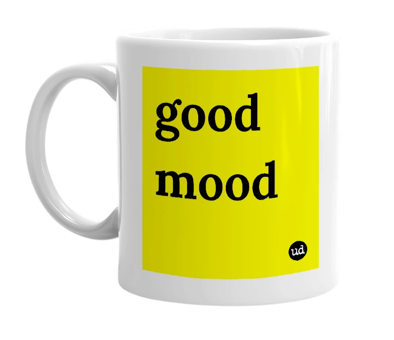 White mug with 'good mood' in bold black letters