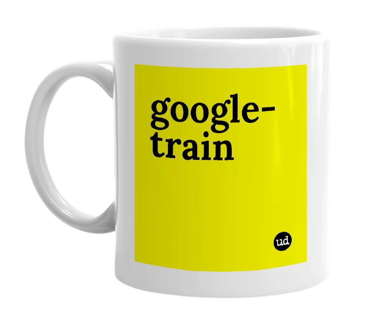 White mug with 'google-train' in bold black letters