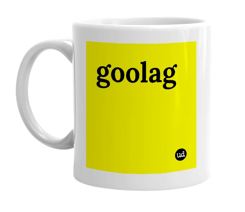White mug with 'goolag' in bold black letters