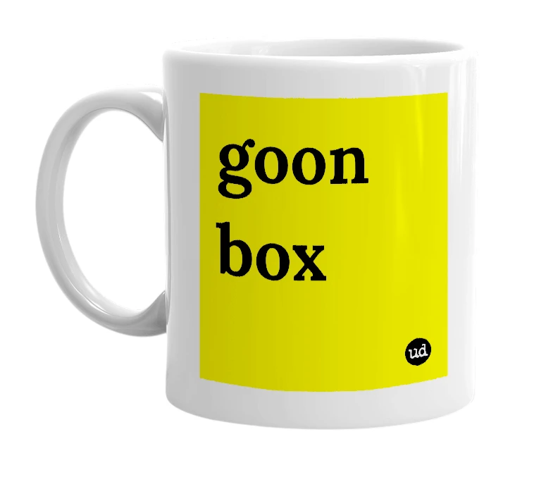 White mug with 'goon box' in bold black letters