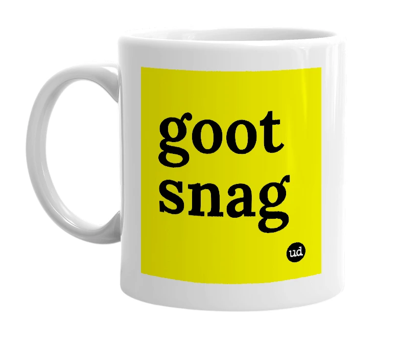 White mug with 'goot snag' in bold black letters
