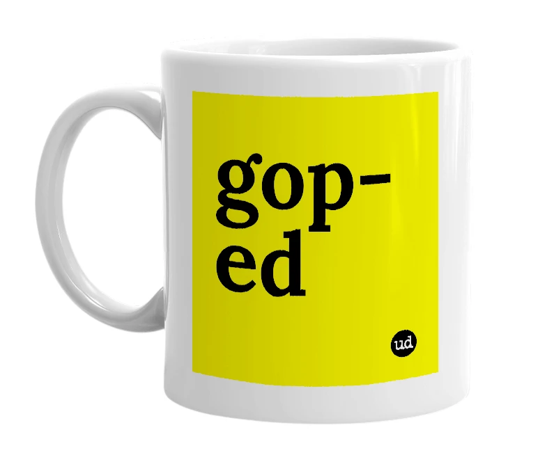 White mug with 'gop-ed' in bold black letters