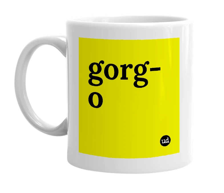 White mug with 'gorg-o' in bold black letters