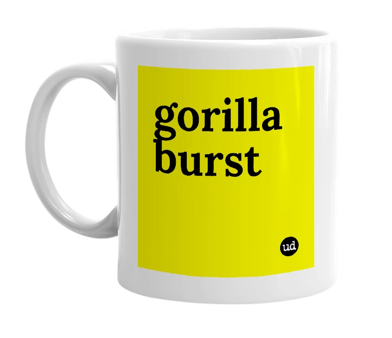White mug with 'gorilla burst' in bold black letters