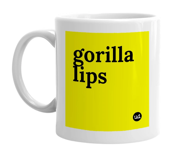 White mug with 'gorilla lips' in bold black letters