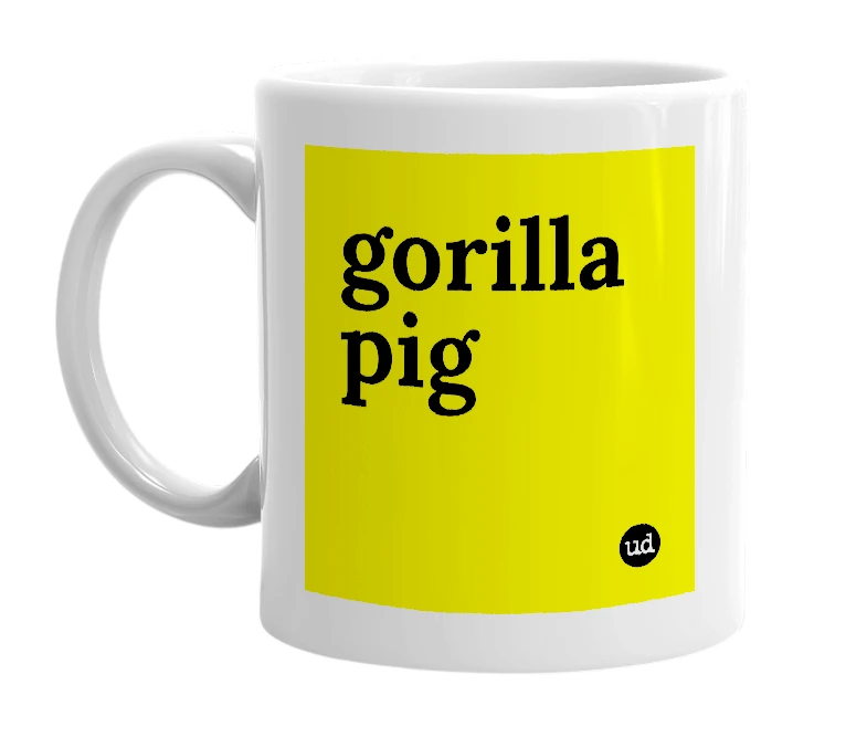 White mug with 'gorilla pig' in bold black letters