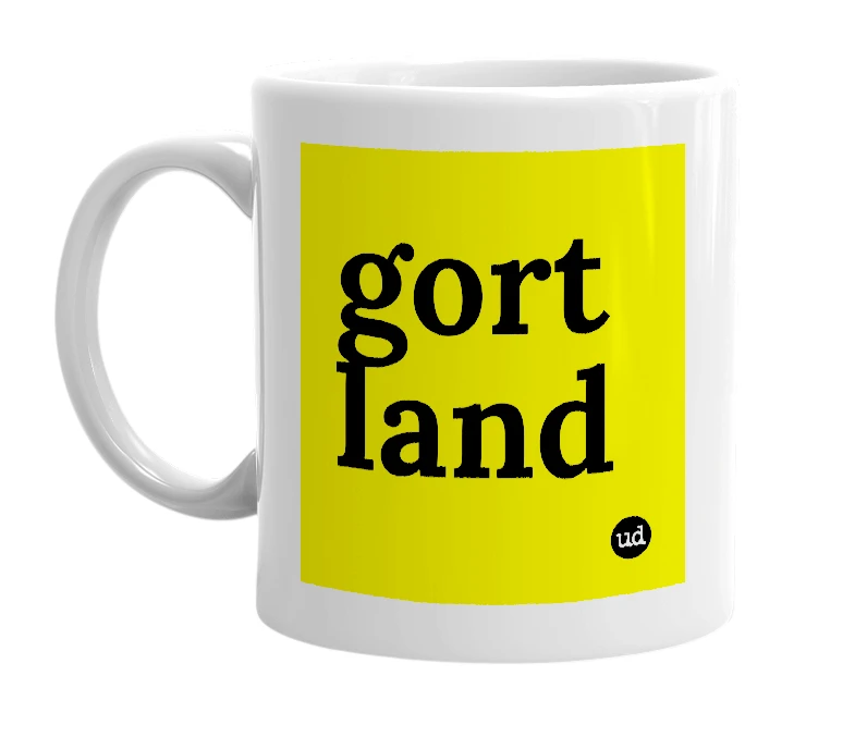 White mug with 'gort land' in bold black letters