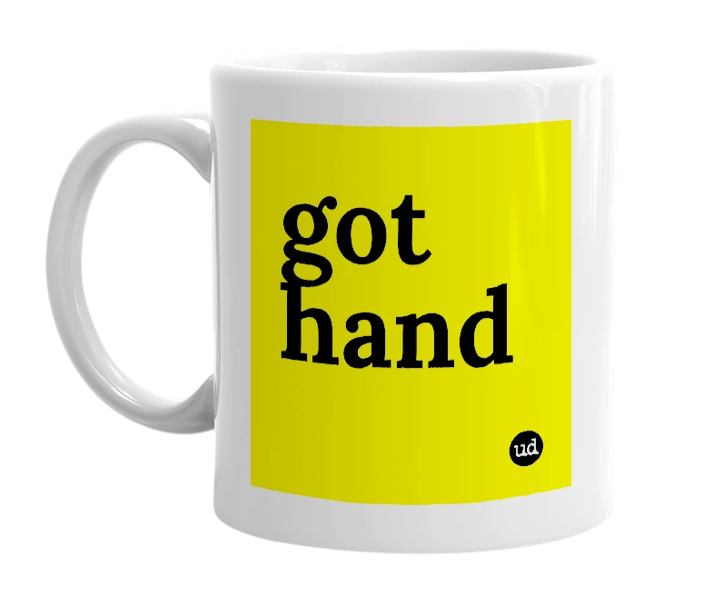 White mug with 'got hand' in bold black letters