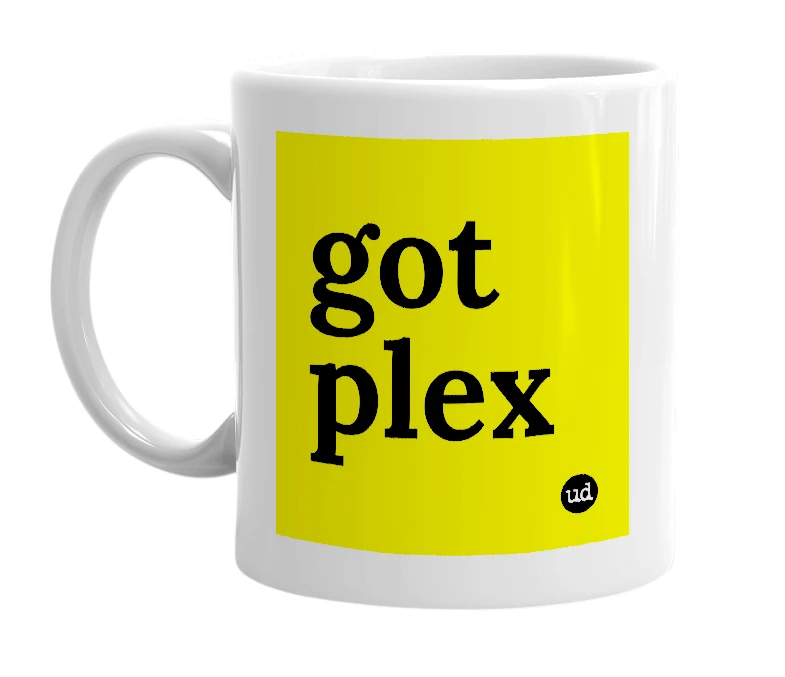 White mug with 'got plex' in bold black letters