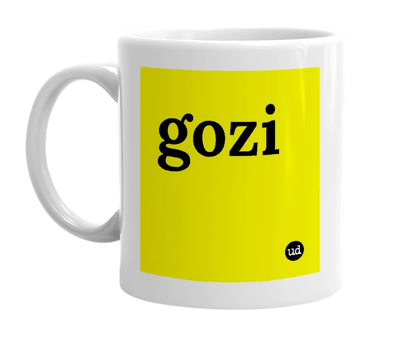 White mug with 'gozi' in bold black letters