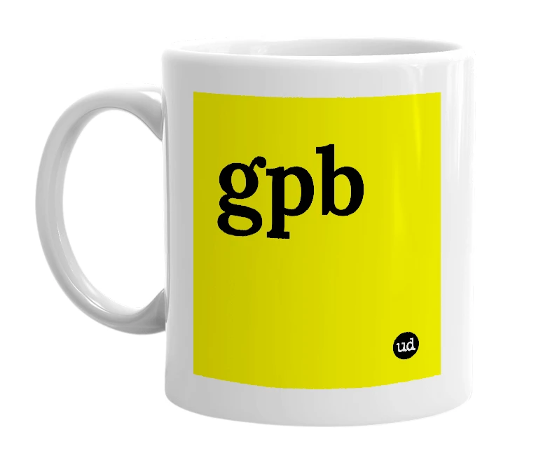 White mug with 'gpb' in bold black letters