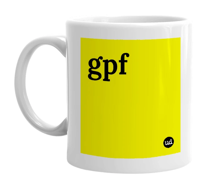 White mug with 'gpf' in bold black letters