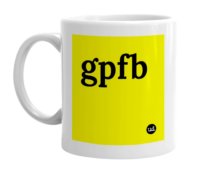 White mug with 'gpfb' in bold black letters