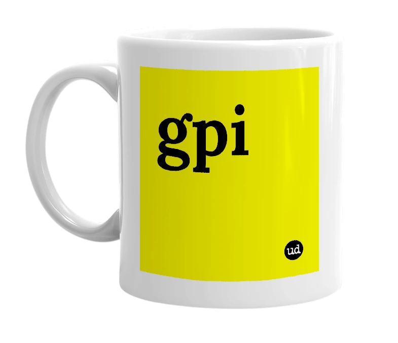 White mug with 'gpi' in bold black letters
