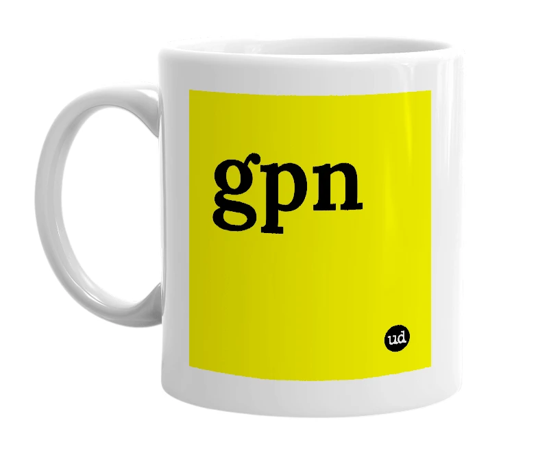 White mug with 'gpn' in bold black letters
