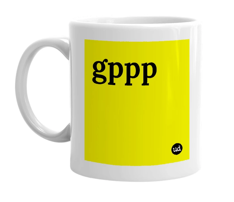White mug with 'gppp' in bold black letters
