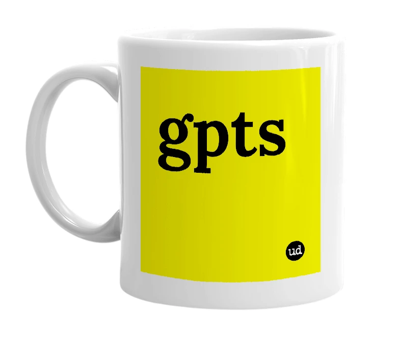 White mug with 'gpts' in bold black letters