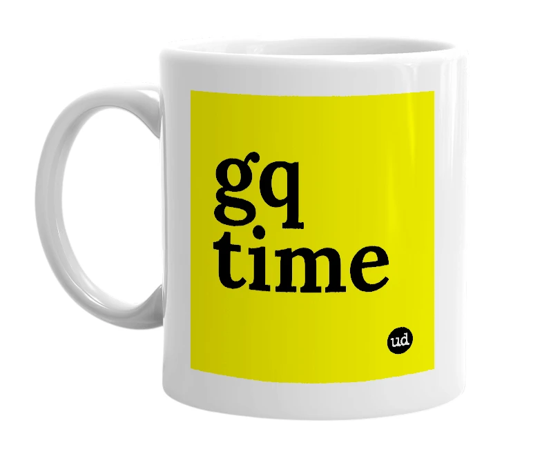 White mug with 'gq time' in bold black letters