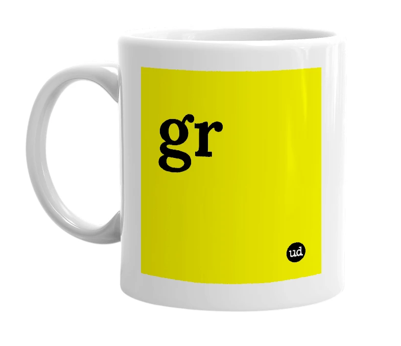 White mug with 'gr' in bold black letters