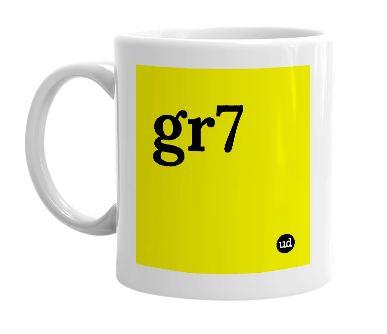 White mug with 'gr7' in bold black letters