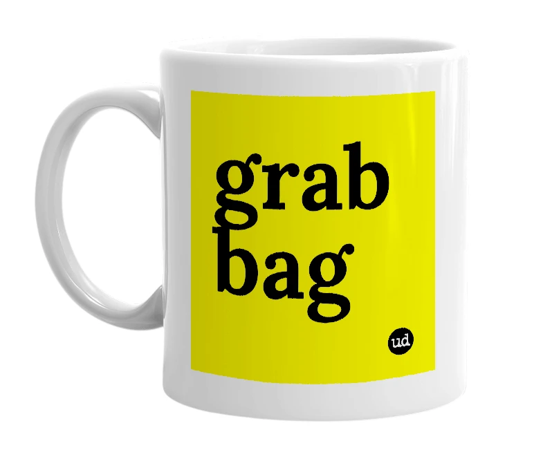 White mug with 'grab bag' in bold black letters