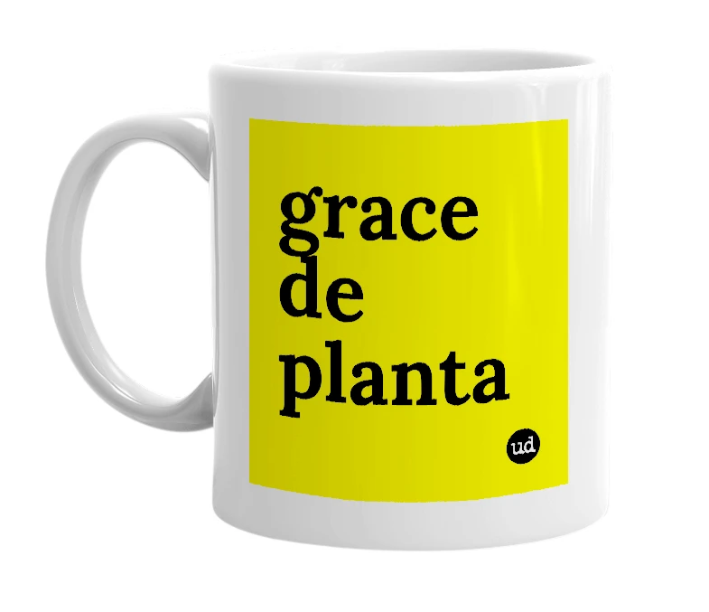 White mug with 'grace de planta' in bold black letters