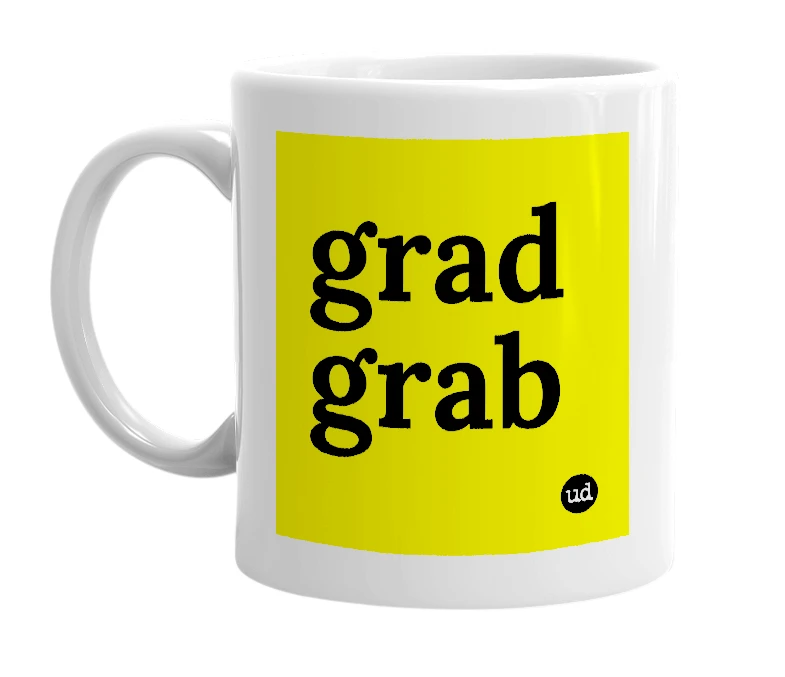 White mug with 'grad grab' in bold black letters