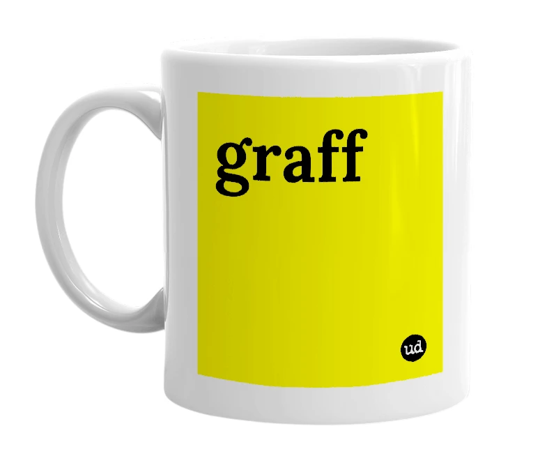 White mug with 'graff' in bold black letters