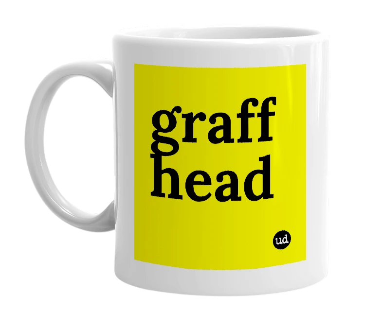 White mug with 'graff head' in bold black letters