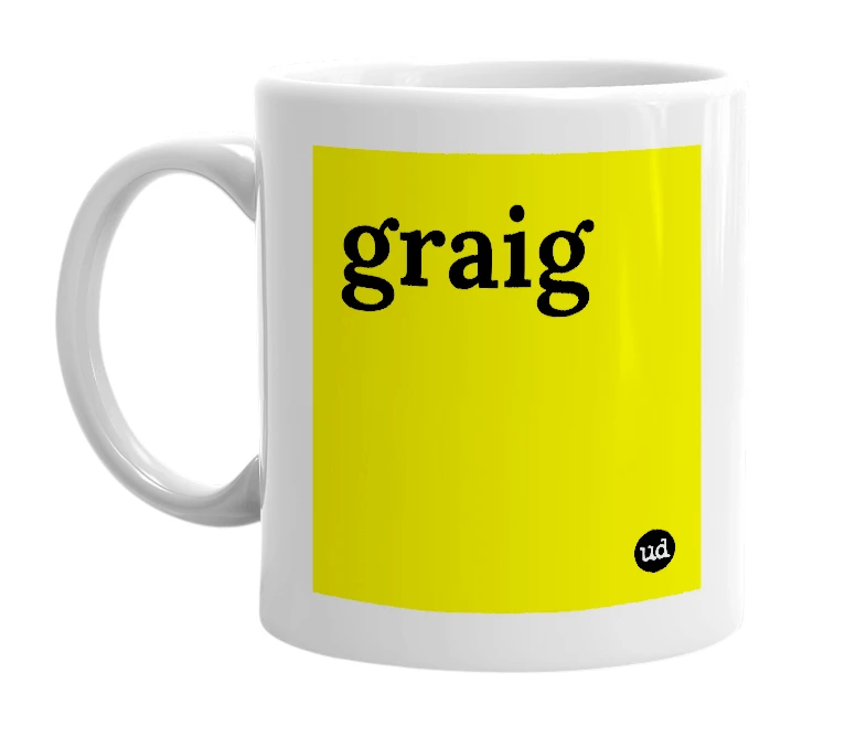 White mug with 'graig' in bold black letters