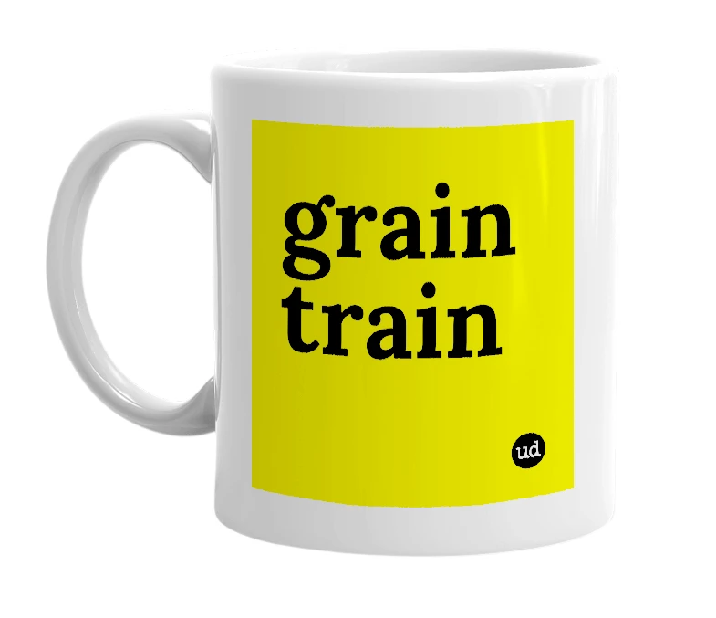 White mug with 'grain train' in bold black letters