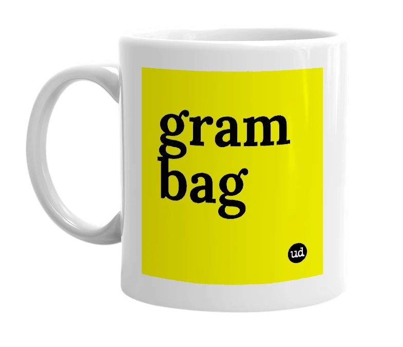 White mug with 'gram bag' in bold black letters