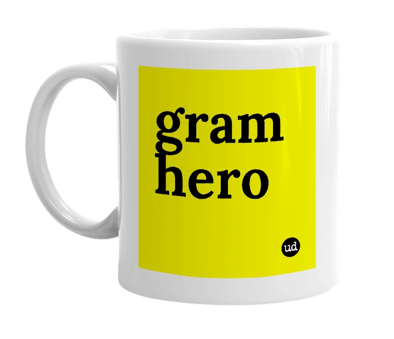 White mug with 'gram hero' in bold black letters