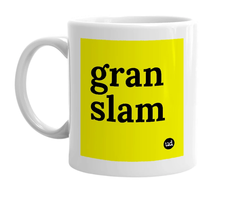 White mug with 'gran slam' in bold black letters