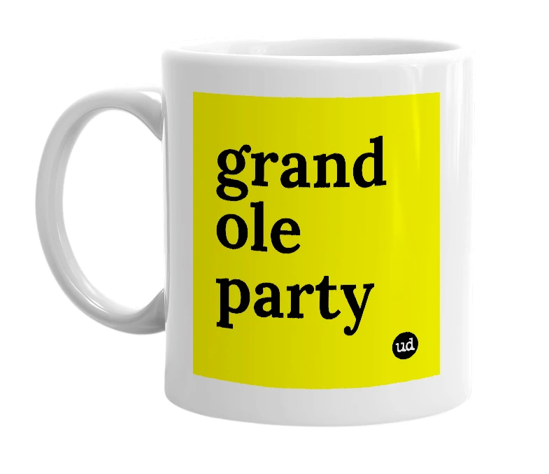 White mug with 'grand ole party' in bold black letters