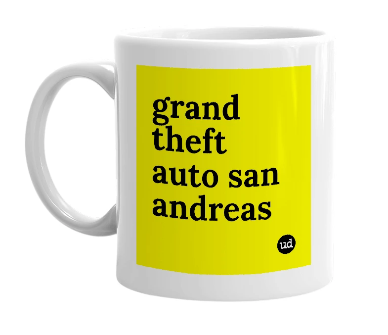 White mug with 'grand theft auto san andreas' in bold black letters