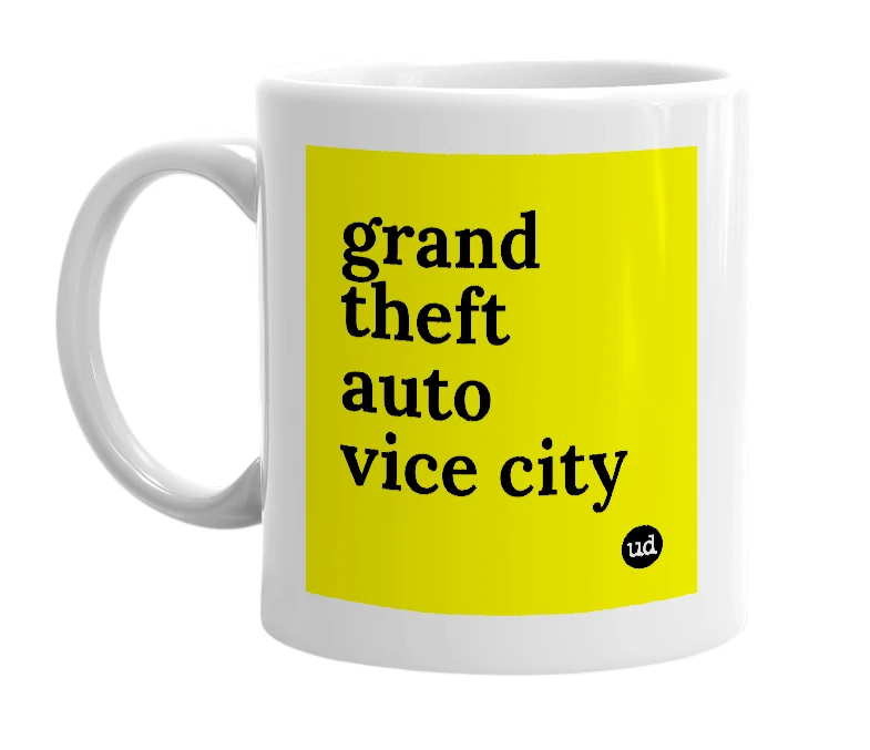 White mug with 'grand theft auto vice city' in bold black letters