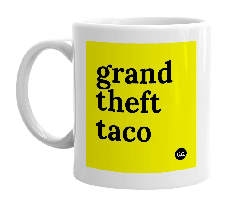 White mug with 'grand theft taco' in bold black letters