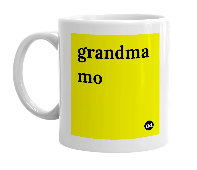 White mug with 'grandma mo' in bold black letters