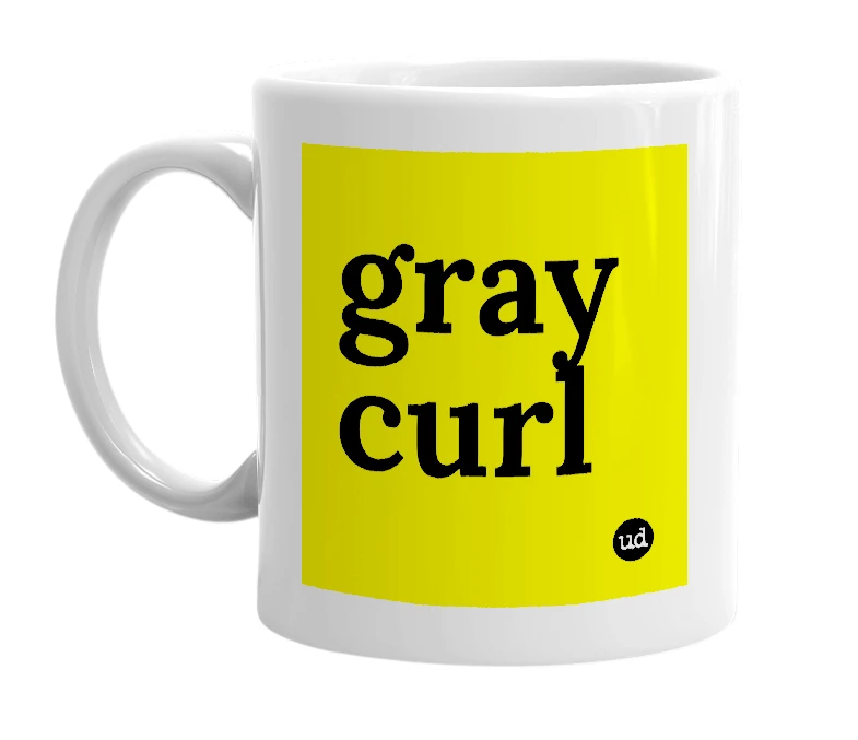 White mug with 'gray curl' in bold black letters