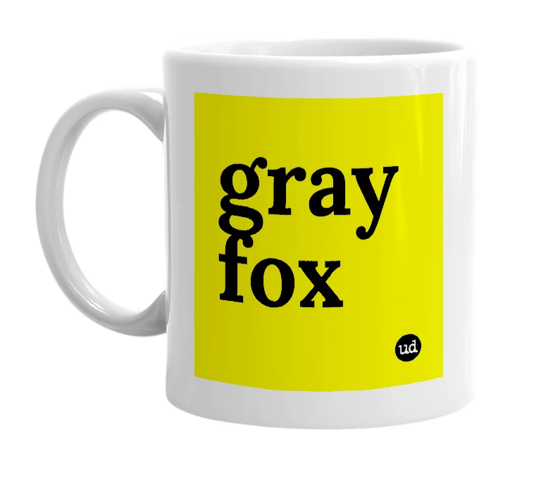 White mug with 'gray fox' in bold black letters