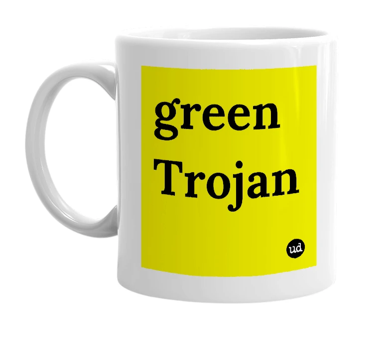 White mug with 'green Trojan' in bold black letters