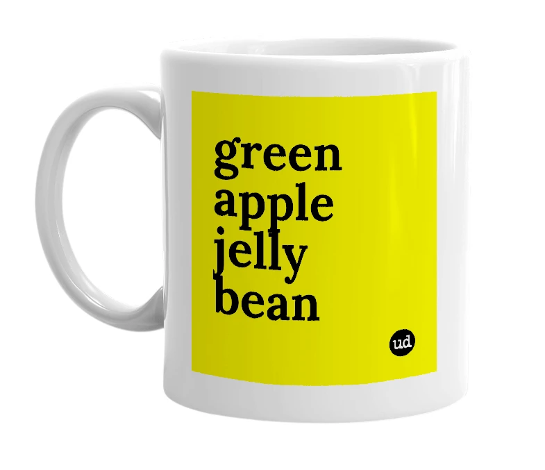 White mug with 'green apple jelly bean' in bold black letters