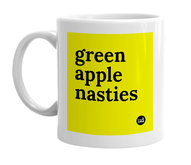 White mug with 'green apple nasties' in bold black letters