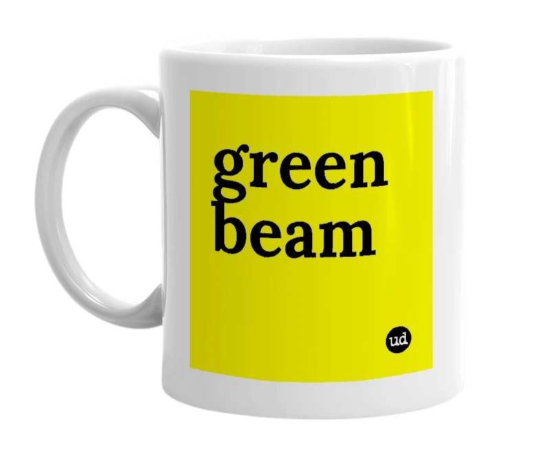White mug with 'green beam' in bold black letters