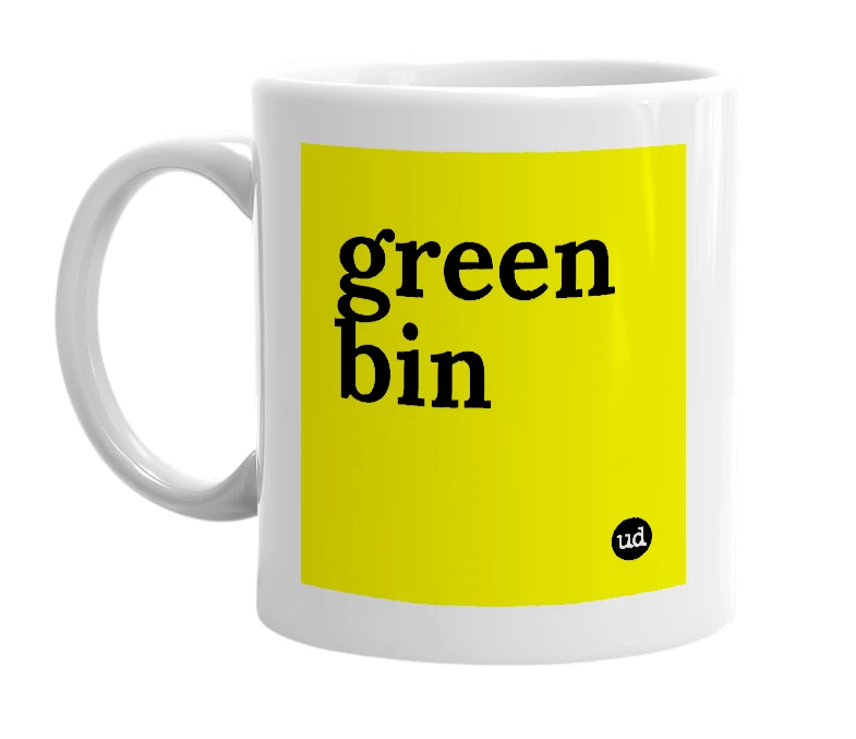 White mug with 'green bin' in bold black letters
