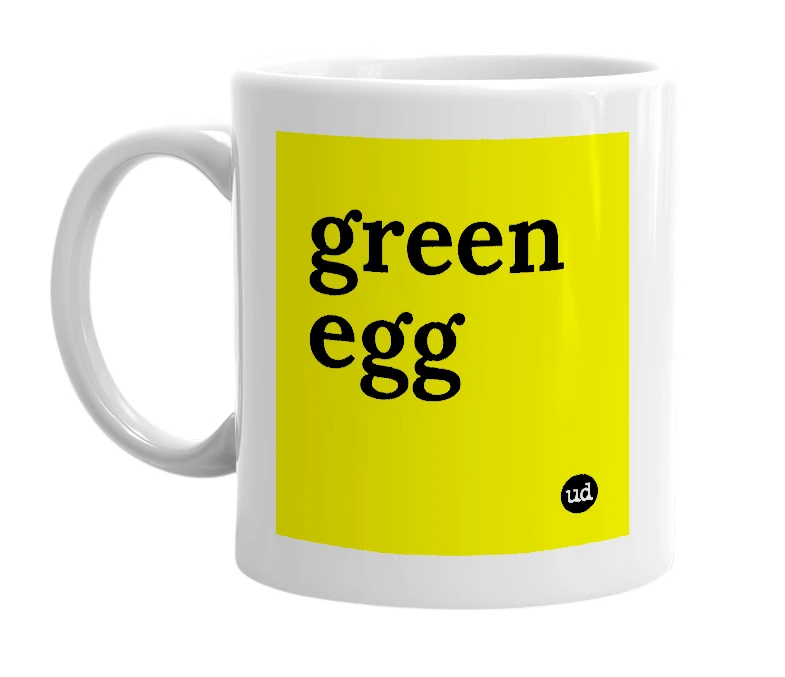 White mug with 'green egg' in bold black letters