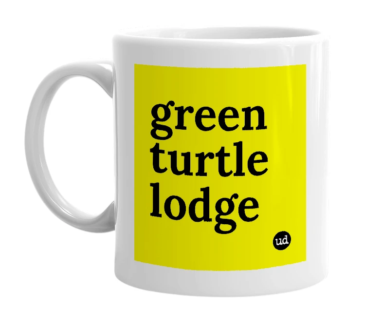 White mug with 'green turtle lodge' in bold black letters