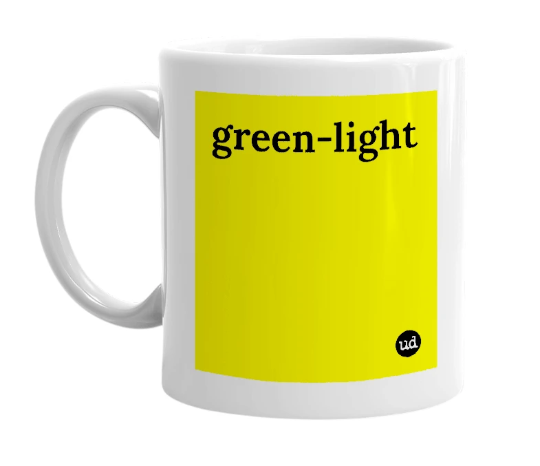 White mug with 'green-light' in bold black letters
