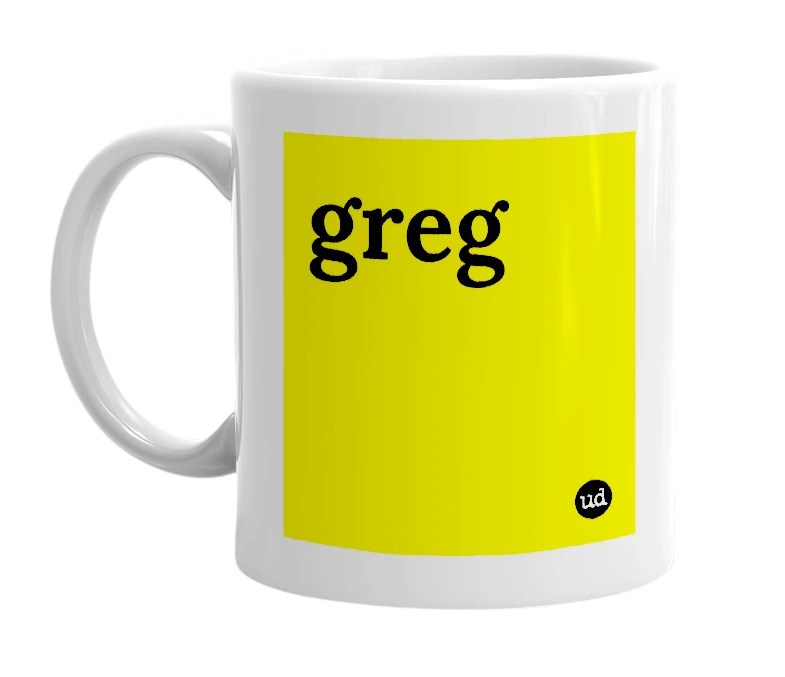 White mug with 'greg' in bold black letters